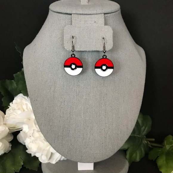 New Handmade "Gotta Catch 'Em All" Poké Ball Dangle Earrings (1.5” l x 0.75” w) - Picture 3 of 4